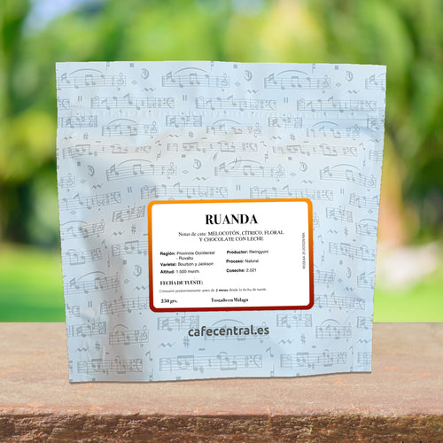 Bolsa de Café de especialidad de Ruanda con notas a Melocotón, cítrico, floral y chocolate con leche.  Café Tostado en Málaga